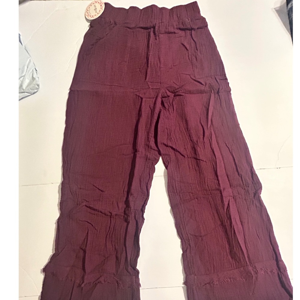 Umgee Wine/Plum Crinkle Gauze Wide Leg Pants Boho Frayed Hem Lg NEW Cozy Boho